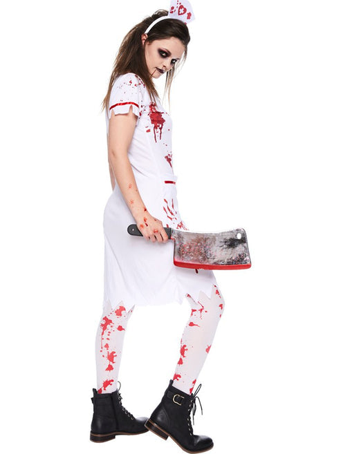 Full-length front view of the Zombie Nurse Adult Costume featuring tattered blood-stained dress details and headpiece against a dark neutral backdrop.