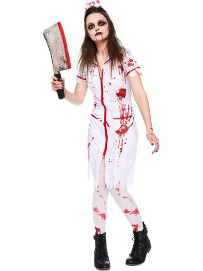 Full-length front view of the Zombie Nurse Adult Costume featuring tattered blood-stained dress details and headpiece against a dark neutral backdrop.