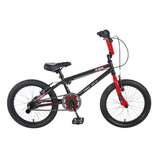Side profile of the black Zombie Plague 18-inch junior BMX bike showing the 10-inch steel frame, alloy wheels, and installed rear stunt peg on a concrete surface.
