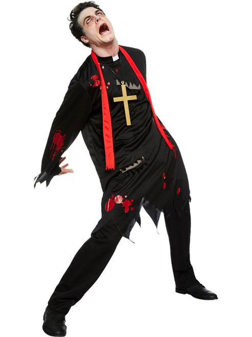 Adult wearing a ragged black Zombie Vicar costume with blood-stained white clergy collar against a dark backdrop.