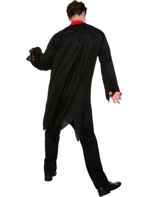 Adult wearing a ragged black Zombie Vicar costume with blood-stained white clergy collar against a dark backdrop.