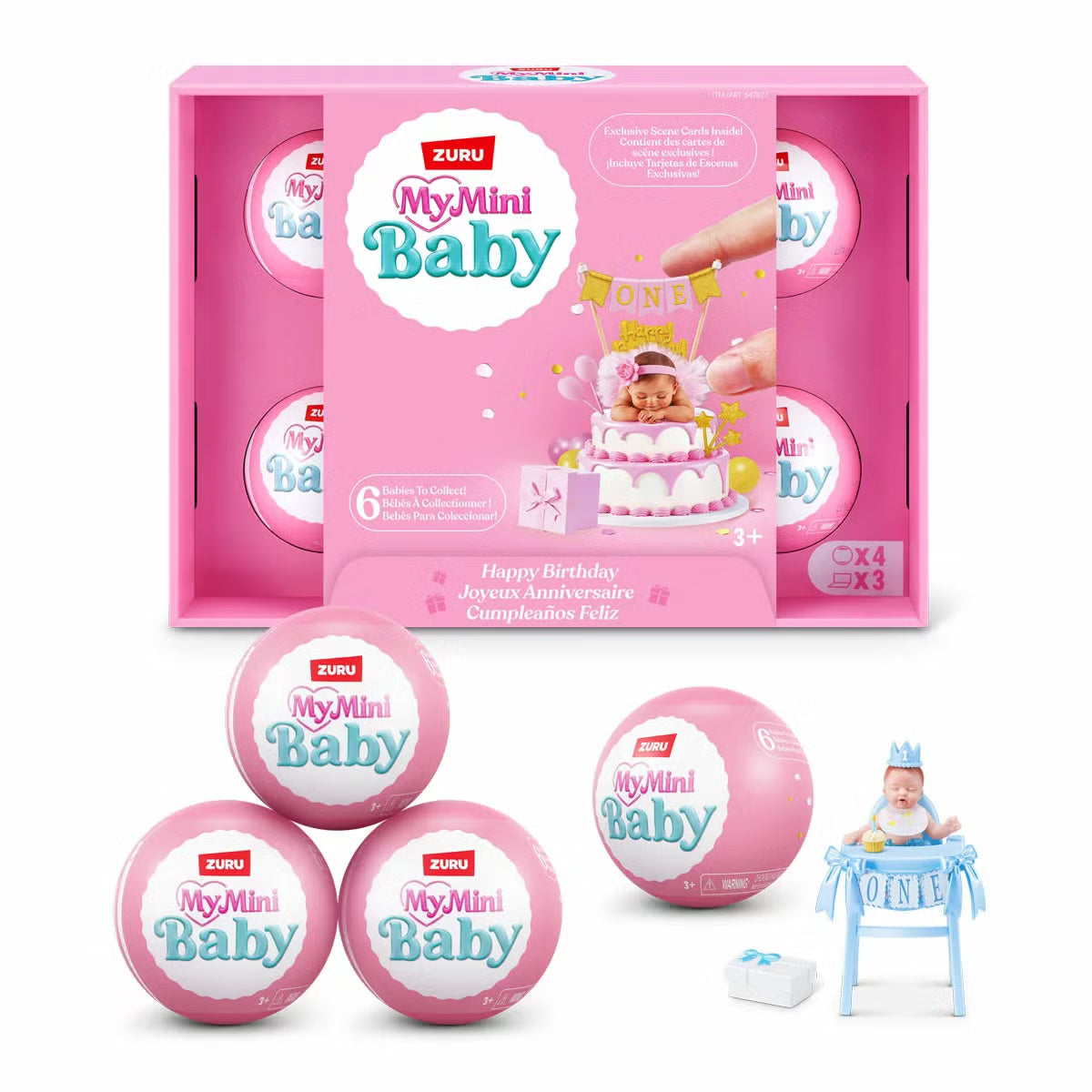 Four unopened Zuru My Mini Baby Birthday mystery capsules displayed alongside unboxed mini baby dolls and colorful birthday party accessories.