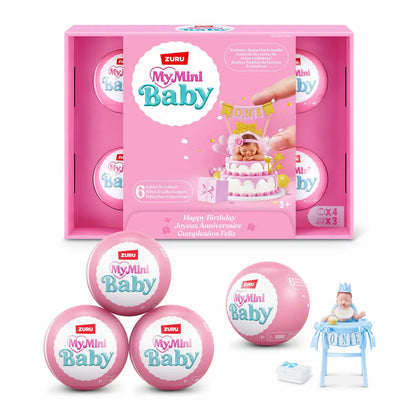 Four unopened Zuru My Mini Baby Birthday mystery capsules displayed alongside unboxed mini baby dolls and colorful birthday party accessories.