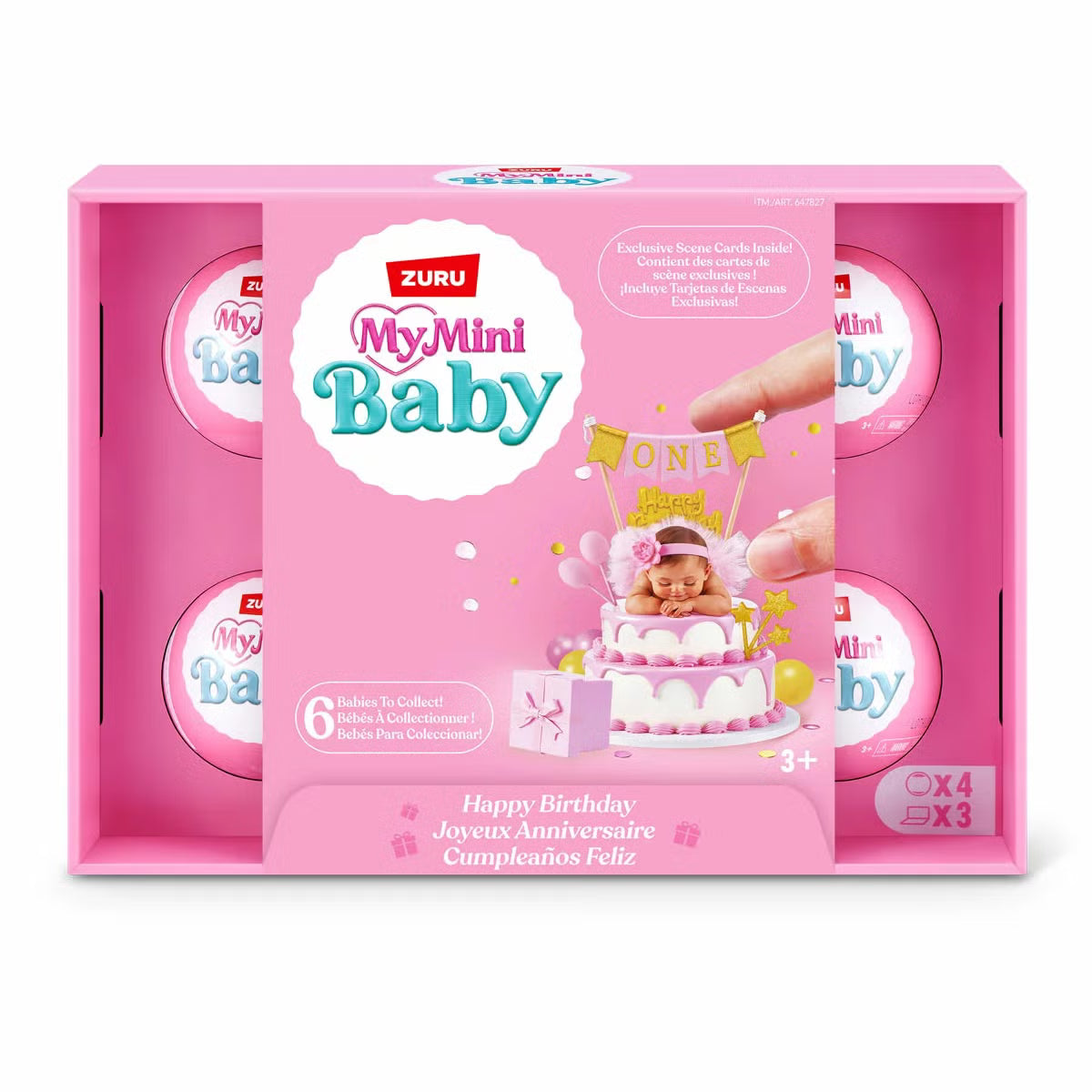 Four unopened Zuru My Mini Baby Birthday mystery capsules displayed alongside unboxed mini baby dolls and colorful birthday party accessories.