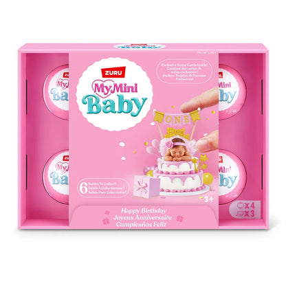 Four unopened Zuru My Mini Baby Birthday mystery capsules displayed alongside unboxed mini baby dolls and colorful birthday party accessories.