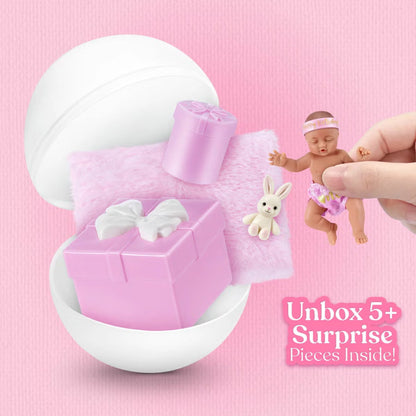 Four unopened Zuru My Mini Baby Birthday mystery capsules displayed alongside unboxed mini baby dolls and colorful birthday party accessories.