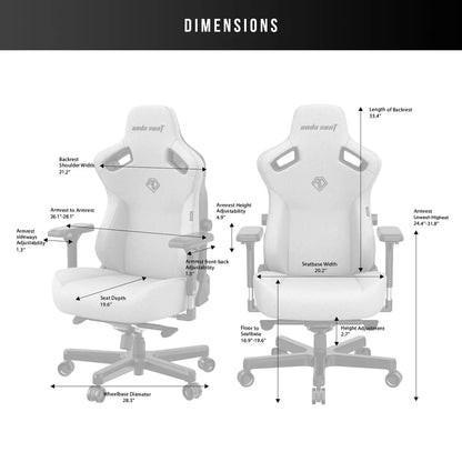 Front angle view of the grey linen fabric anda seaT Kaiser Series 3 large gaming chair showing the magnetic neck pillow and 4D armrests in a brightly lit modern office setup.