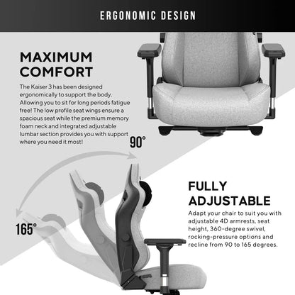 Front angle view of the grey linen fabric anda seaT Kaiser Series 3 large gaming chair showing the magnetic neck pillow and 4D armrests in a brightly lit modern office setup.
