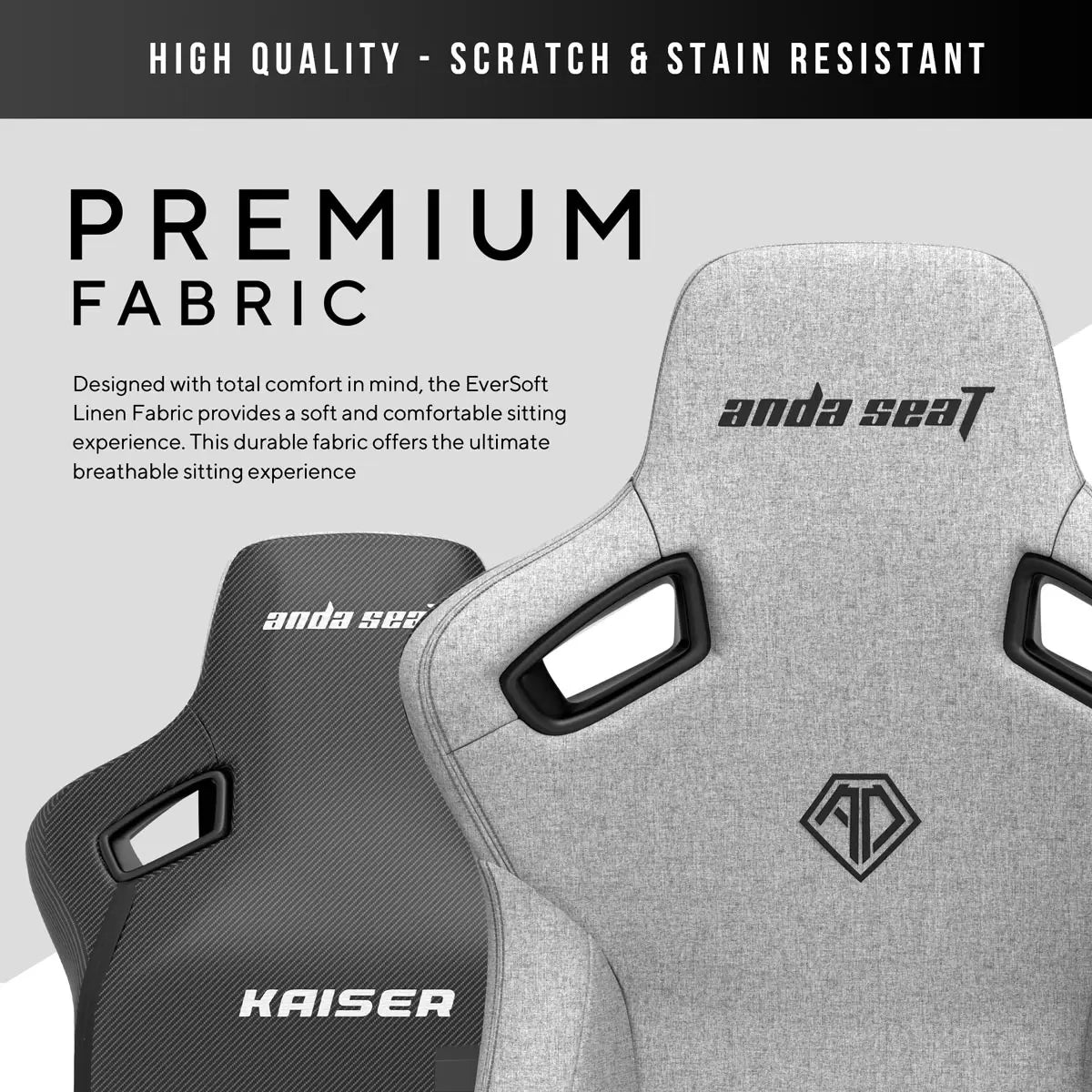 Front angle view of the grey linen fabric anda seaT Kaiser Series 3 large gaming chair showing the magnetic neck pillow and 4D armrests in a brightly lit modern office setup.