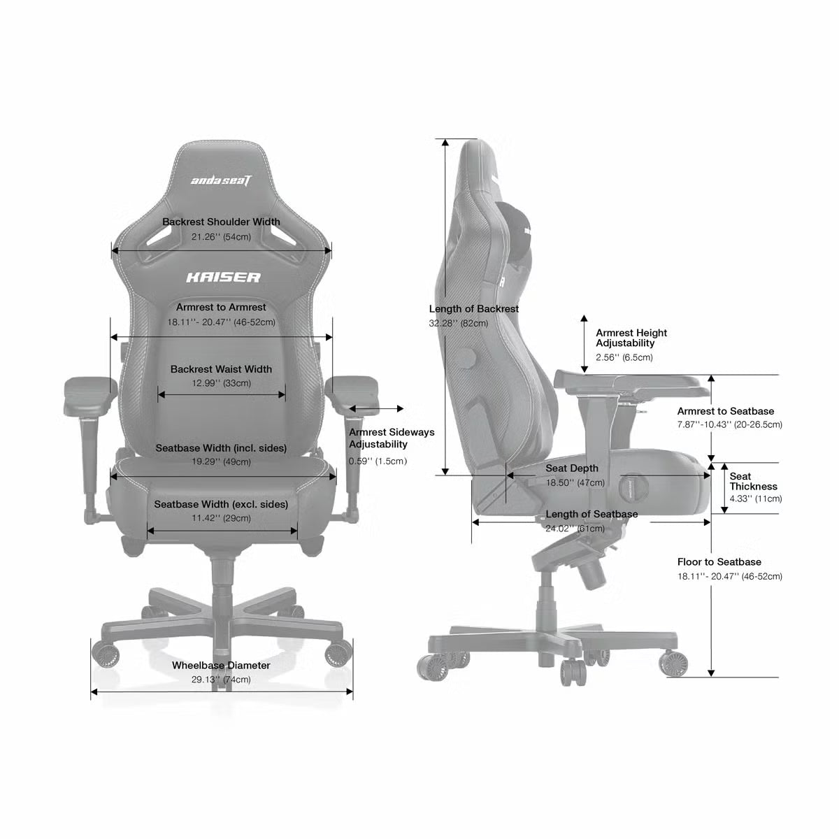 Front three-quarter angle view of the black anda seaT Kaiser Series 4 large gaming chair showing the sleek synthetic leather finish and magnetic neck pillow in a modern gaming setup.