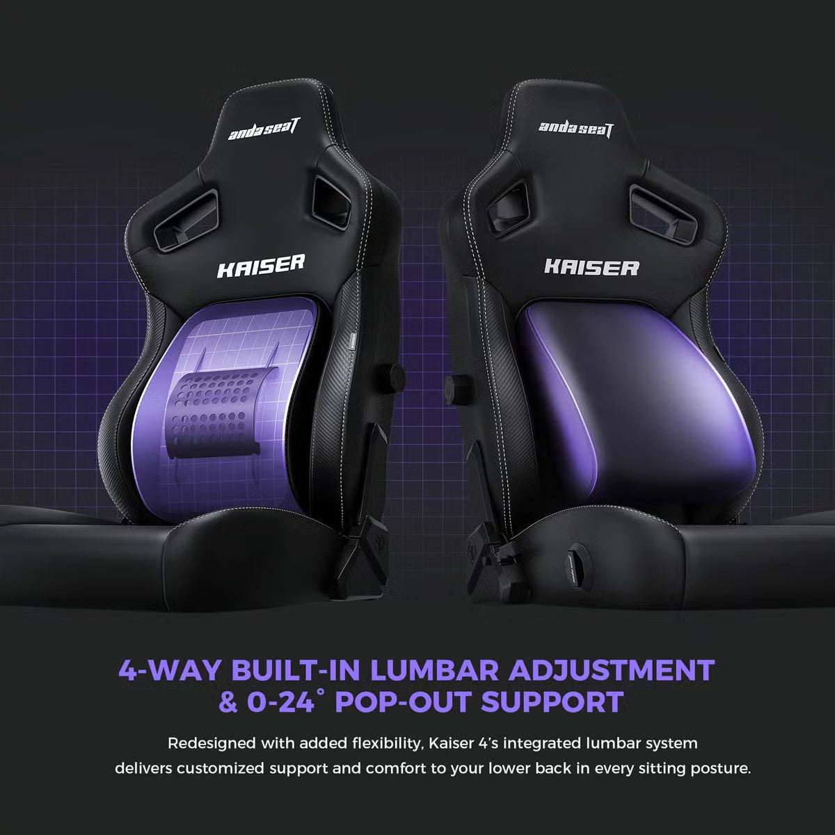 Front three-quarter angle view of the black anda seaT Kaiser Series 4 large gaming chair showing the sleek synthetic leather finish and magnetic neck pillow in a modern gaming setup.