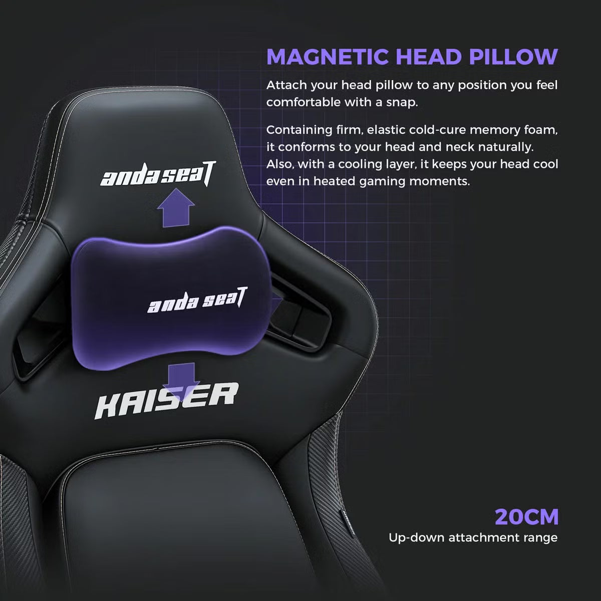 Front three-quarter angle view of the black anda seaT Kaiser Series 4 large gaming chair showing the sleek synthetic leather finish and magnetic neck pillow in a modern gaming setup.