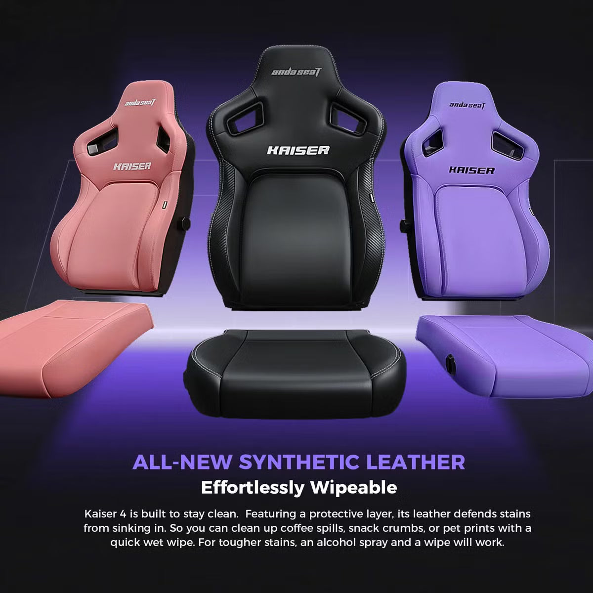 Front perspective view of the vibrant purple anda seaT Kaiser Series 4 large gaming chair featuring black 5D armrests and a magnetic head pillow in a modern desk setup.