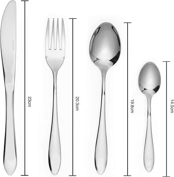 Top-down view of the 48-piece Salter Harrogate polished silver cutlery set arranged neatly on a dark wooden dining table setup for twelve guests.