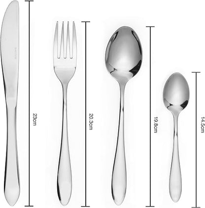 Top-down view of the 48-piece Salter Harrogate polished silver cutlery set arranged neatly on a dark wooden dining table setup for twelve guests.