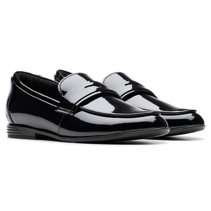 Clarks kids Finja Bright black patent school shoes, main view