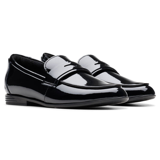 Clarks kids Finja Bright black patent school shoes, main view
