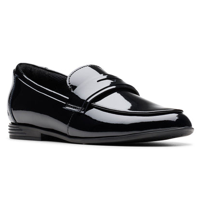 Clarks kids Finja Bright black patent school shoes, view 2