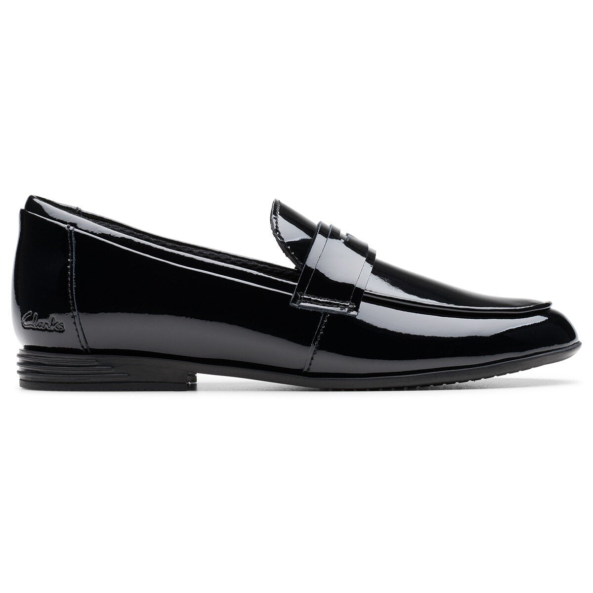 Clarks kids Finja Bright black patent school shoes, view 3