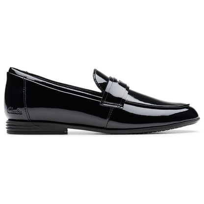 Clarks kids Finja Bright black patent school shoes, view 3