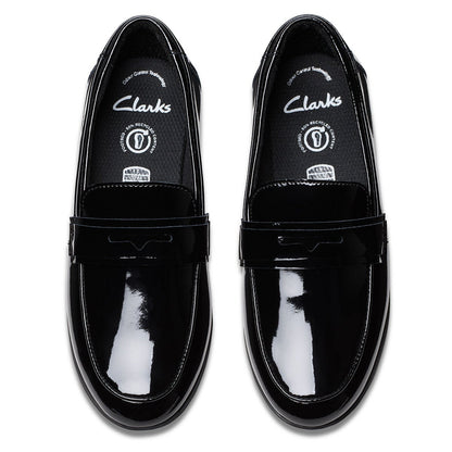 Clarks kids Finja Bright black patent school shoes, view 5