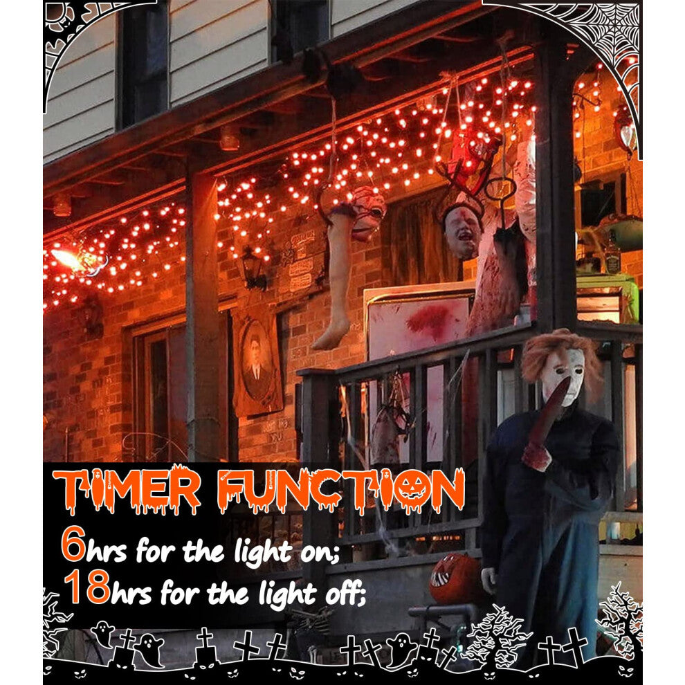 A 9.8ft strand of 30 orange LED fall fairy lights glowing brightly against an autumn-themed indoor wall backdrop.