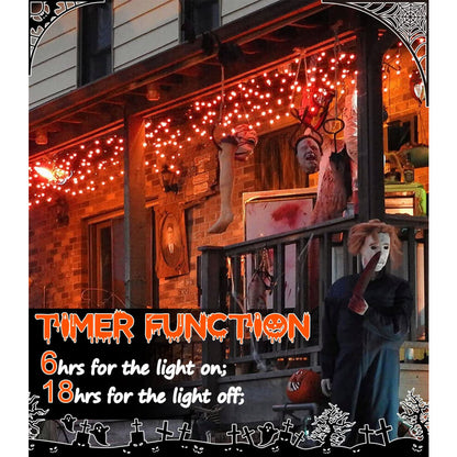 A 9.8ft strand of 30 orange LED fall fairy lights glowing brightly against an autumn-themed indoor wall backdrop.