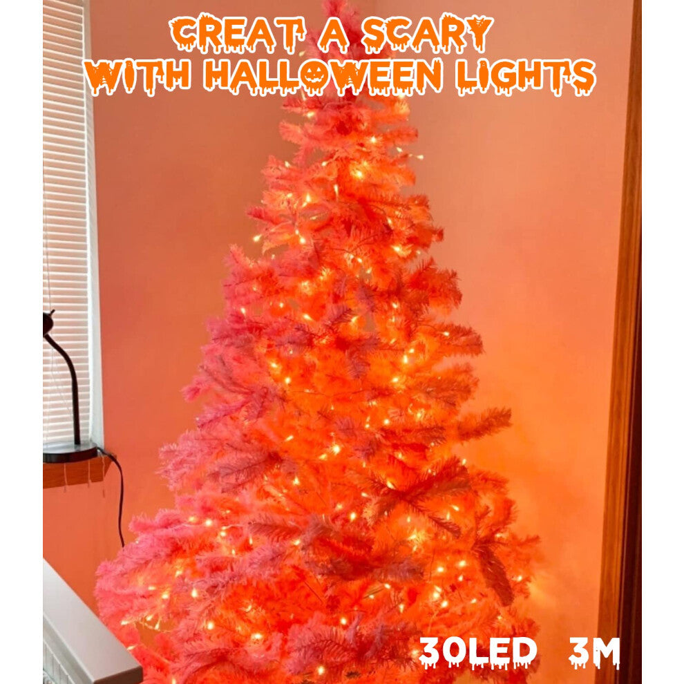 A 9.8ft strand of 30 orange LED fall fairy lights glowing brightly against an autumn-themed indoor wall backdrop.