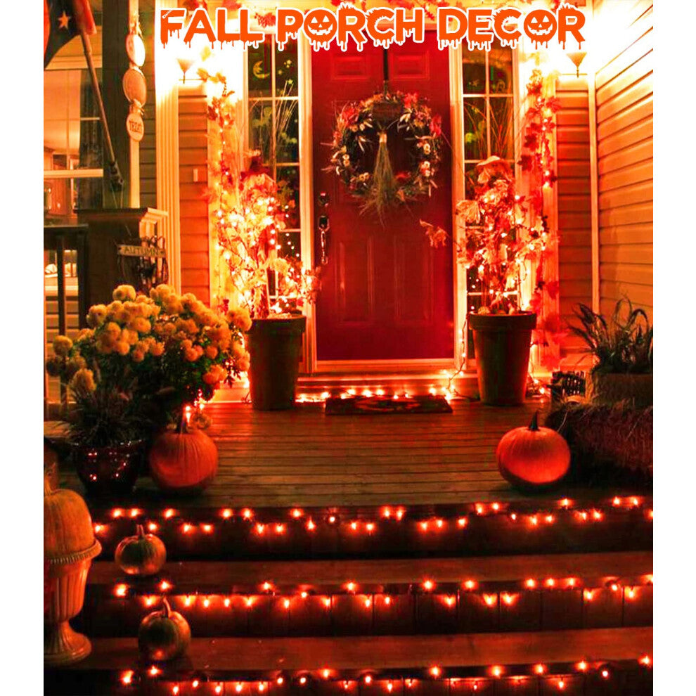 A 9.8ft strand of 30 orange LED fall fairy lights glowing brightly against an autumn-themed indoor wall backdrop.