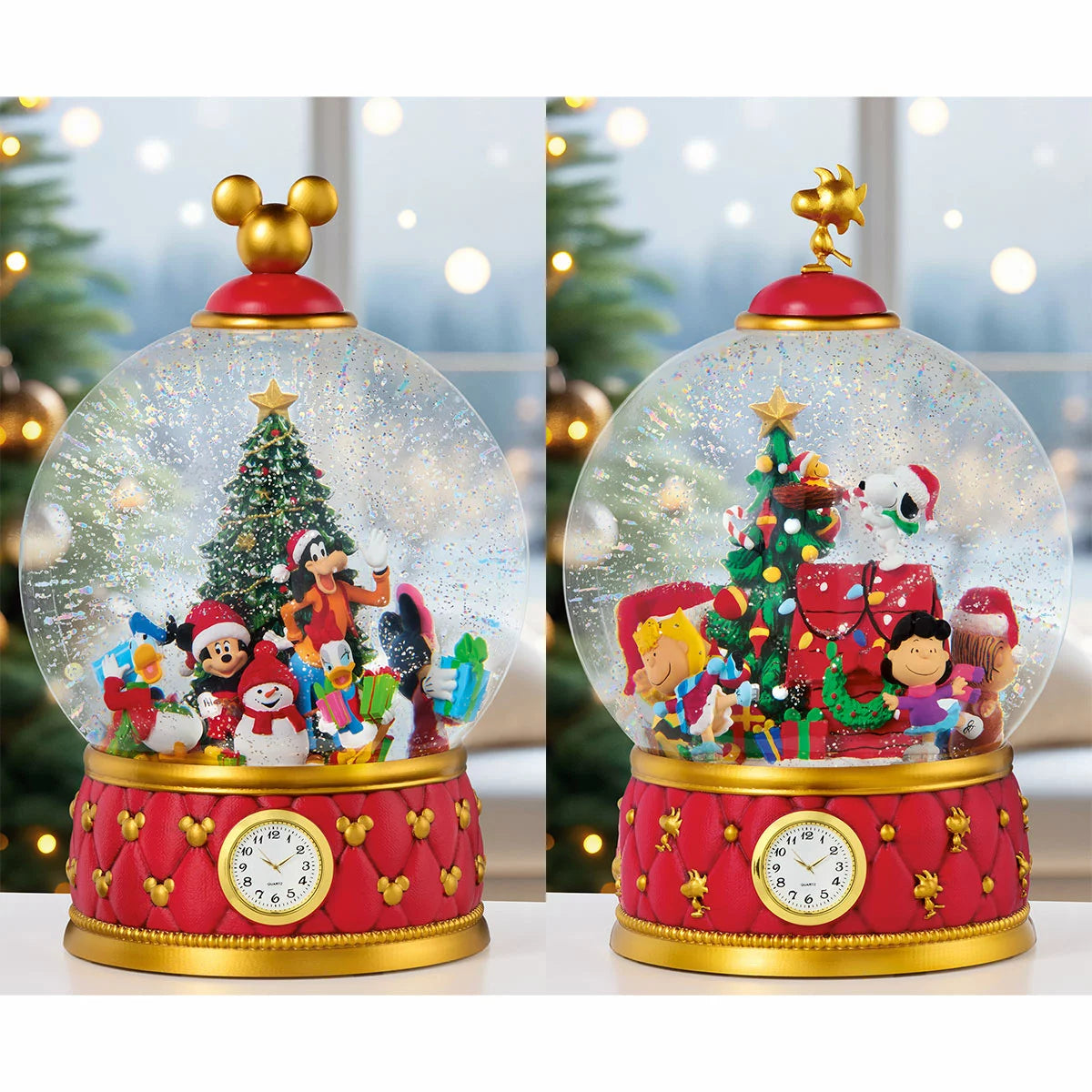 A large, heavy-duty Christmas snow globe featuring intricately sculpted holiday characters, resting on a wooden surface with swirling glitter illuminated by warm internal LED lights.