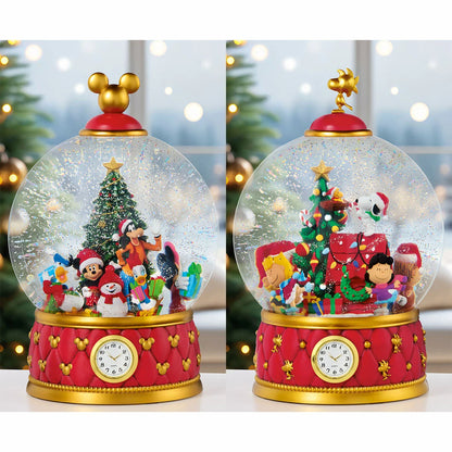 A large, heavy-duty Christmas snow globe featuring intricately sculpted holiday characters, resting on a wooden surface with swirling glitter illuminated by warm internal LED lights.