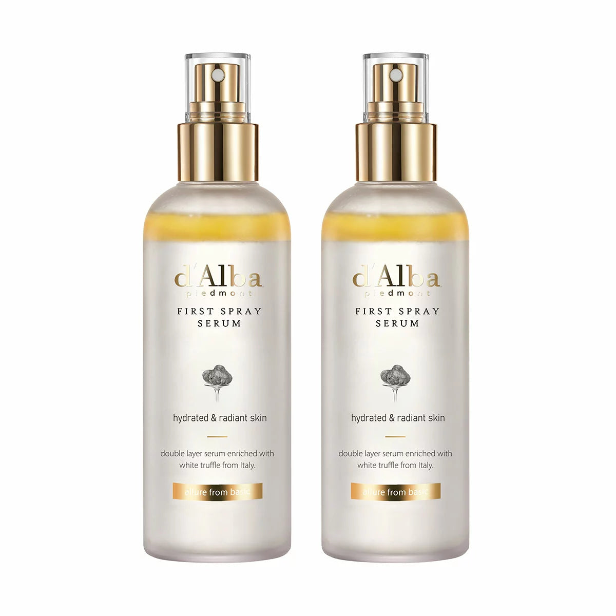 Two 180ml bottles of d'Alba White Truffle First Spray Serum displayed elegantly, highlighting the dual-phase liquid formula.