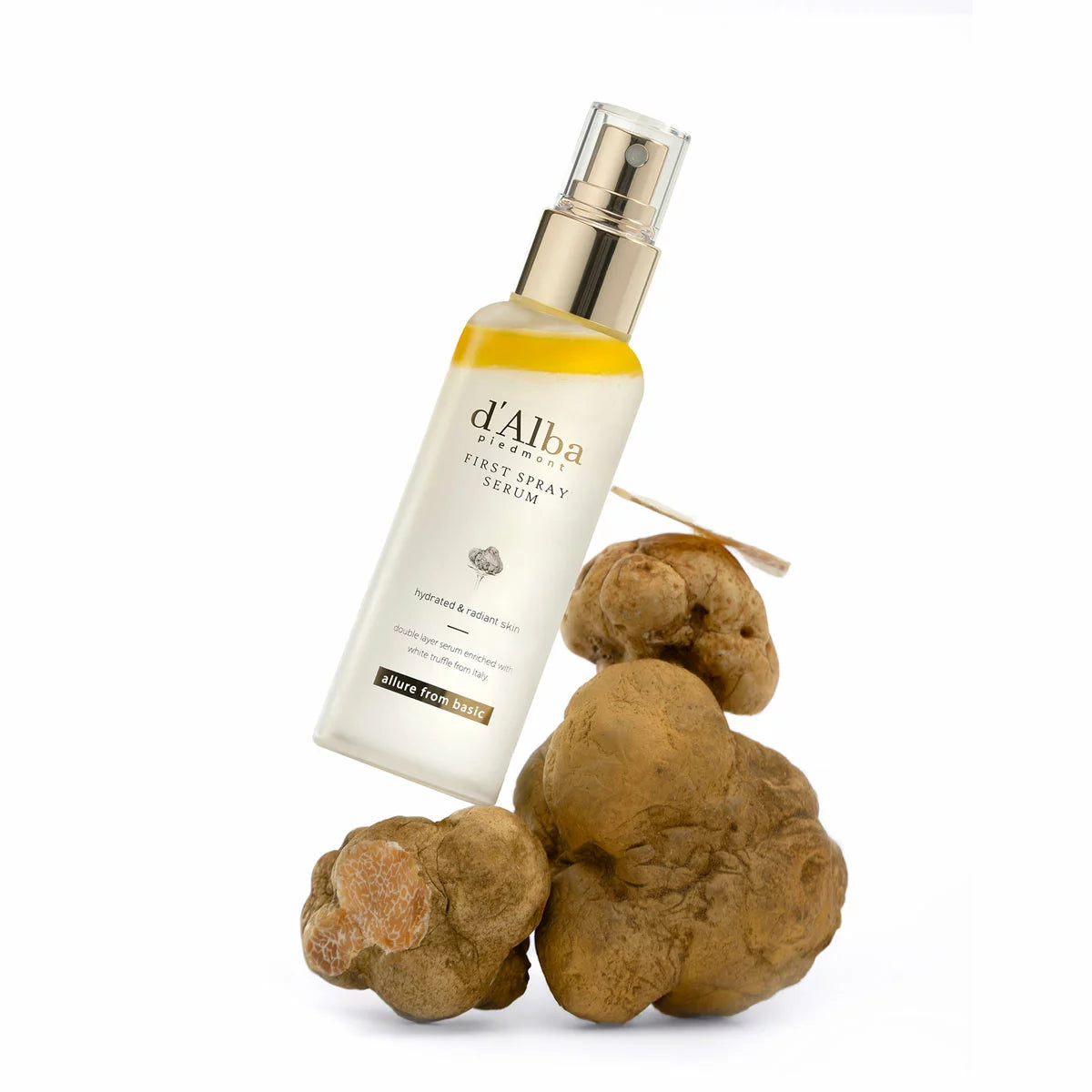 Two 180ml bottles of d'Alba White Truffle First Spray Serum displayed elegantly, highlighting the dual-phase liquid formula.