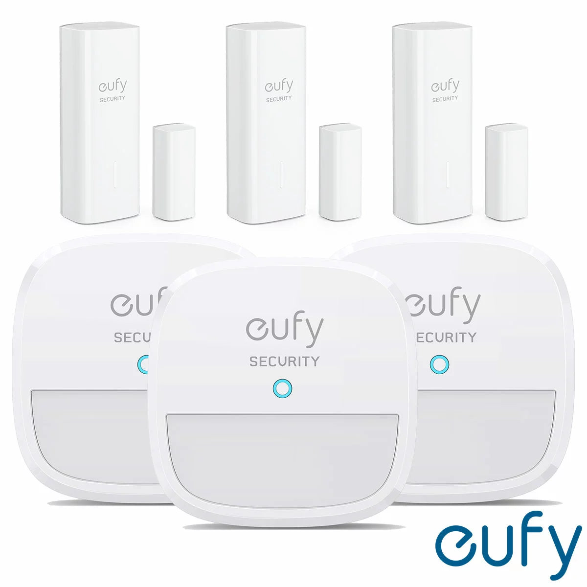 Three compact white rectangular eufy entry sensors and three matching rounded eufy motion sensors arranged neatly on a clean white countertop against a modern home interior background.