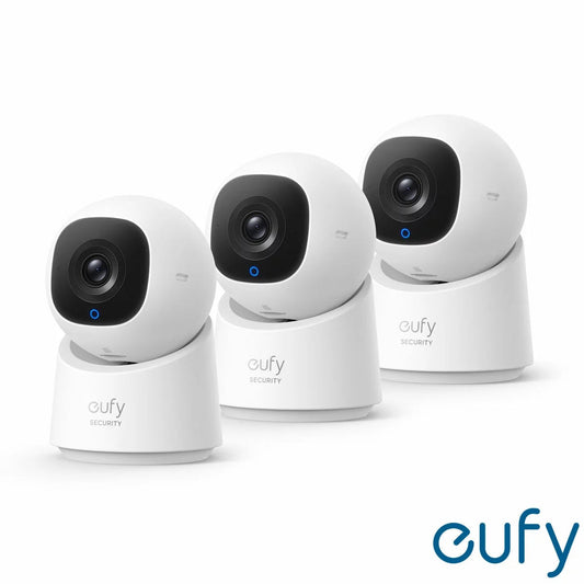 Set of three white eufy C220 2K pan-and-tilt smart indoor cameras displayed with mounting brackets and USB power accessories.