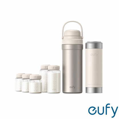 Studio shot of the white cylindrical eufy E10 Portable Milk Cooler standing upright next to its five included clear storage bottles and cooling ring on a white surface.