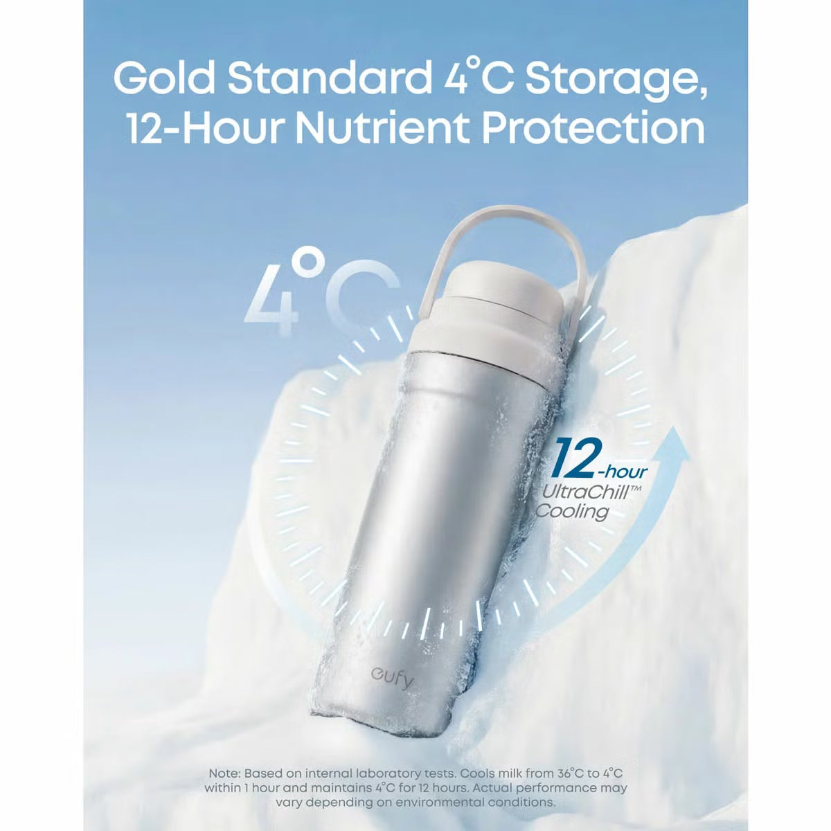 Studio shot of the white cylindrical eufy E10 Portable Milk Cooler standing upright next to its five included clear storage bottles and cooling ring on a white surface.