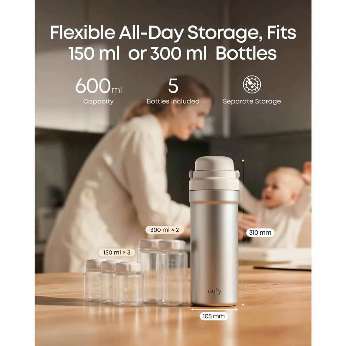 Studio shot of the white cylindrical eufy E10 Portable Milk Cooler standing upright next to its five included clear storage bottles and cooling ring on a white surface.