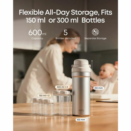 Studio shot of the white cylindrical eufy E10 Portable Milk Cooler standing upright next to its five included clear storage bottles and cooling ring on a white surface.