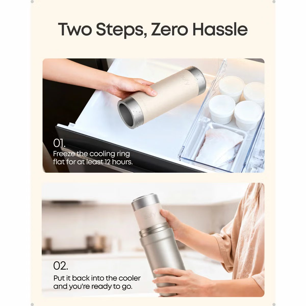 Studio shot of the white cylindrical eufy E10 Portable Milk Cooler standing upright next to its five included clear storage bottles and cooling ring on a white surface.