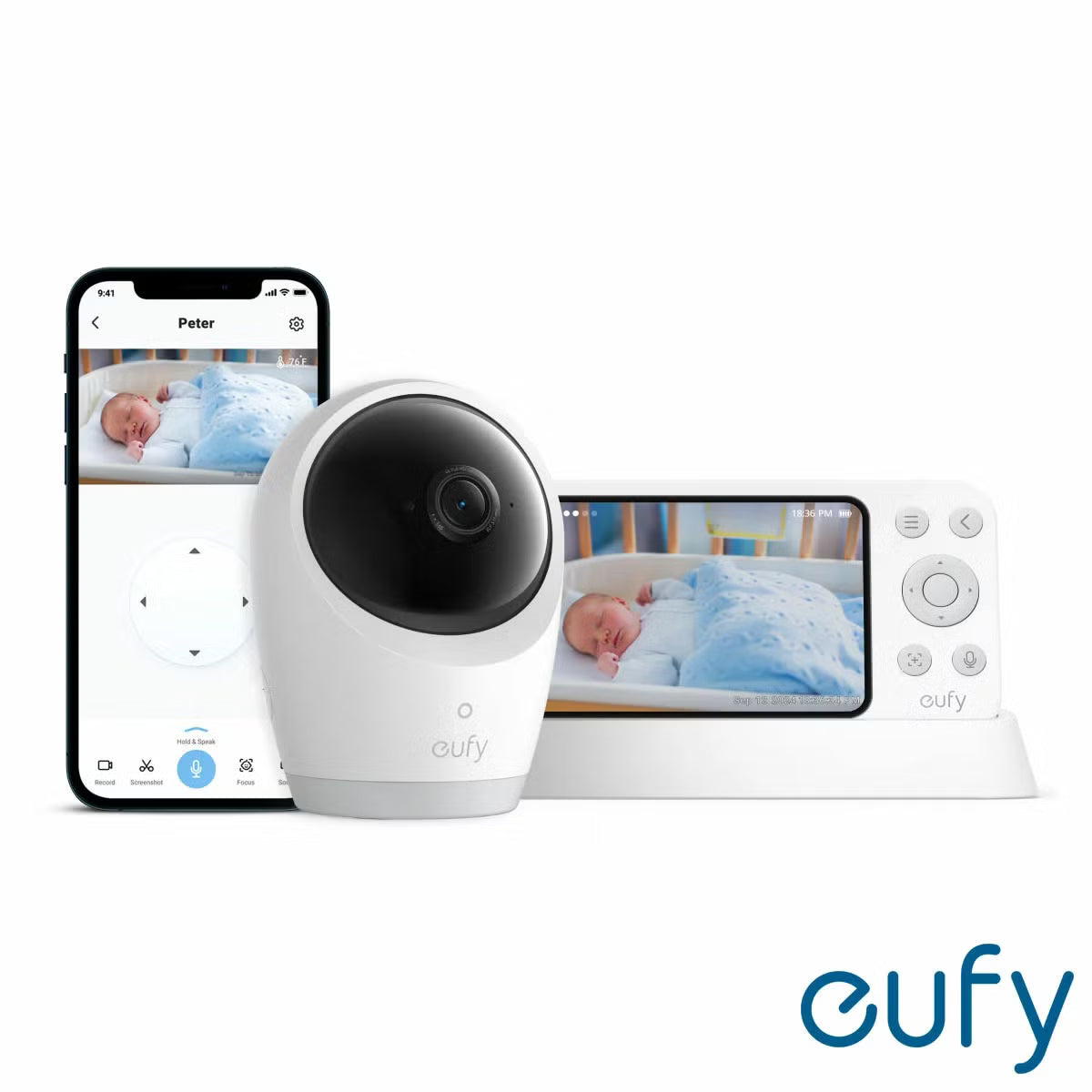 White eufy E21 smart baby monitor camera with pan tilt lens resting beside the 5 inch handheld color screen parent display unit.