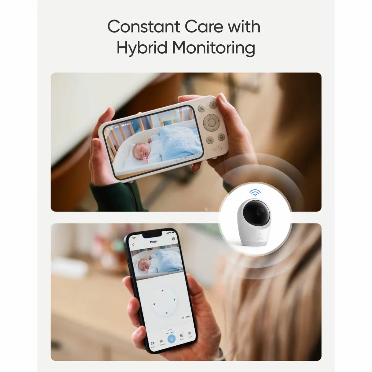White eufy E21 smart baby monitor camera with pan tilt lens resting beside the 5 inch handheld color screen parent display unit.