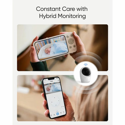 White eufy E21 smart baby monitor camera with pan tilt lens resting beside the 5 inch handheld color screen parent display unit.