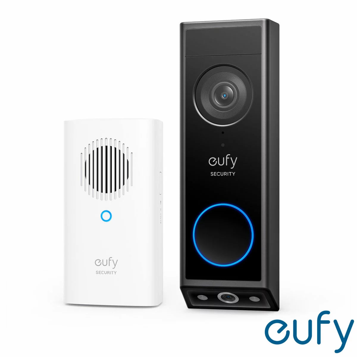 A sleek matte black eufy E340 dual-camera video doorbell mounted onto a modern brick facade beside a white wireless chime plug.