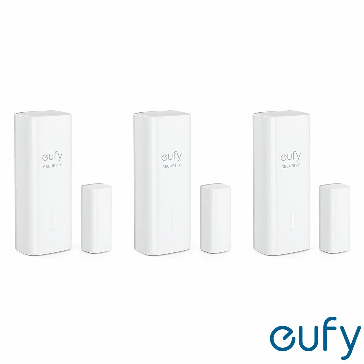 A trio of compact white eufy entry sensors displayed with their matching magnetic bases on a sleek surface, highlighting their minimalist design.