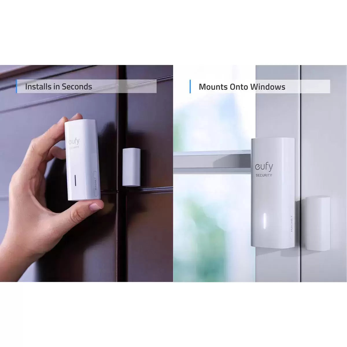 A trio of compact white eufy entry sensors displayed with their matching magnetic bases on a sleek surface, highlighting their minimalist design.