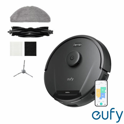 eufy L60 Hybrid black robotic vacuum and mop unit showing laser navigation sensor top dome on dark hardwood flooring