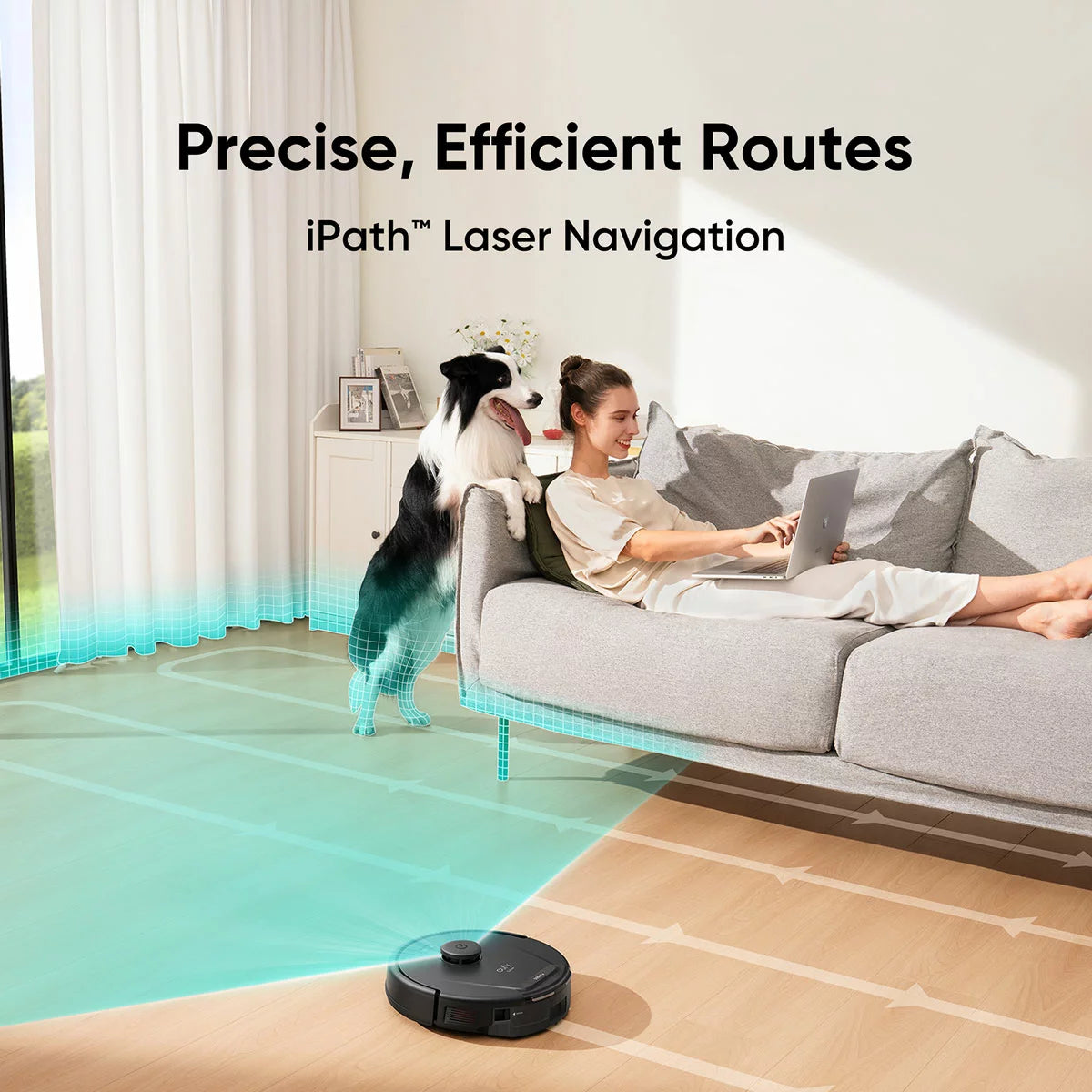 eufy L60 Hybrid black robotic vacuum and mop unit showing laser navigation sensor top dome on dark hardwood flooring