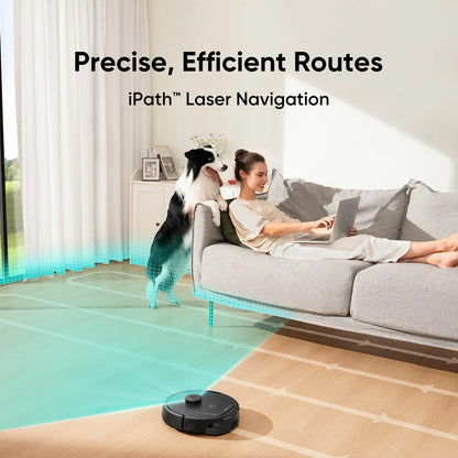 eufy L60 Hybrid black robotic vacuum and mop unit showing laser navigation sensor top dome on dark hardwood flooring