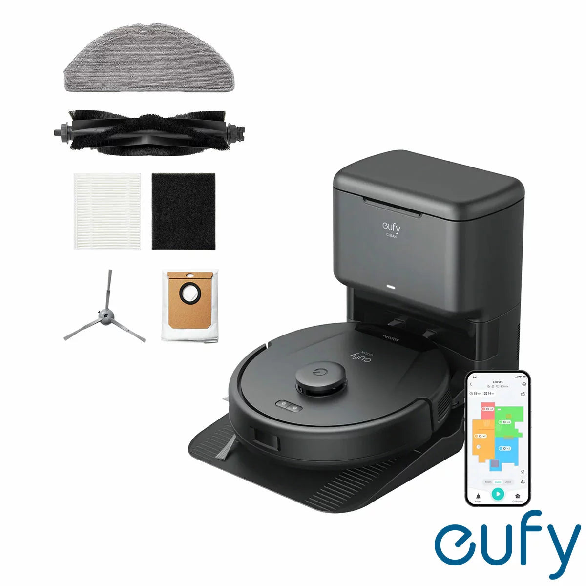 eufy L60 silver hybrid robot vacuum with self-empty charging station, detangling brush system, and mopping pad on wooden floor.